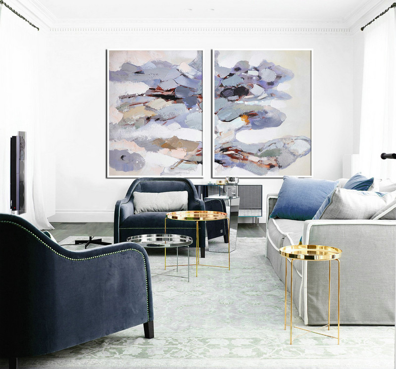 Extra Large Canvas Art,Set Of 2 Abstract Painting On Canvas,Modern Canvas Art,White,Grey,Purple,Yellow.etc